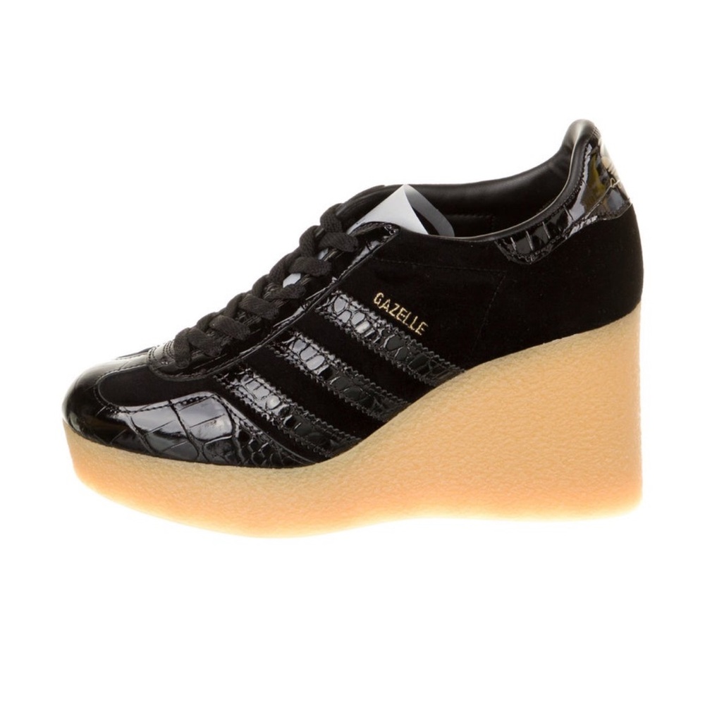 GUCCI X ADIDAS GAZELLE PLATFORM WEDGE BLACK VELOUR LEATHER/PATENT SNEAKERS 38.5